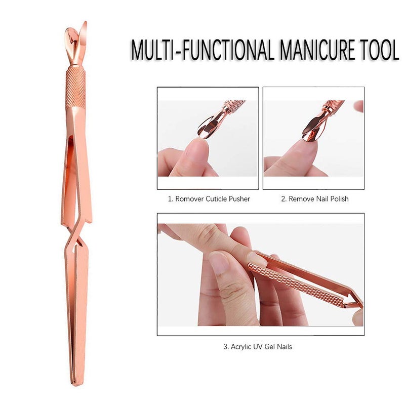 SILPECWEE 1Pc Rose Gold Nail Cuticle Pusher C Curve Nail Pinching Clips Nail Pusher Gel Nail Scraper False Nail Shaping Tweezers Nail Polish Remover Multi-Function Manicure Tools - Image 2